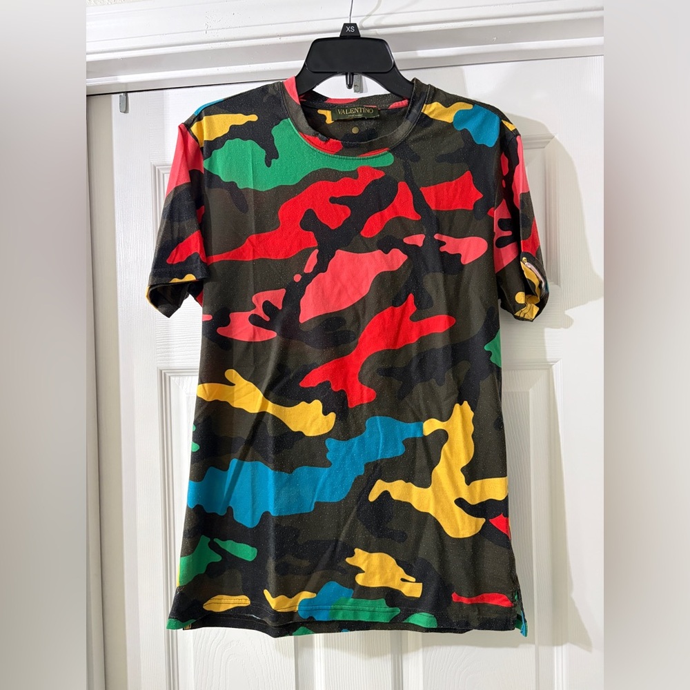 Valentino Black Multicolor Camo Tee with Red, Yellow & Green Accents